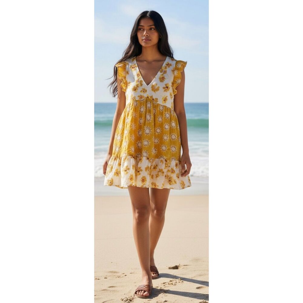 Melloday Nordstroms Yellow & White Eyelet Babydoll Mini Sun Dress Sz M Prairie